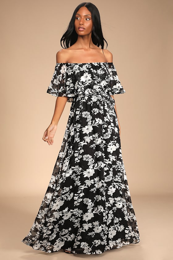 Divine Drama Black Floral Print Off-the-Shoulder Maxi Dress 2