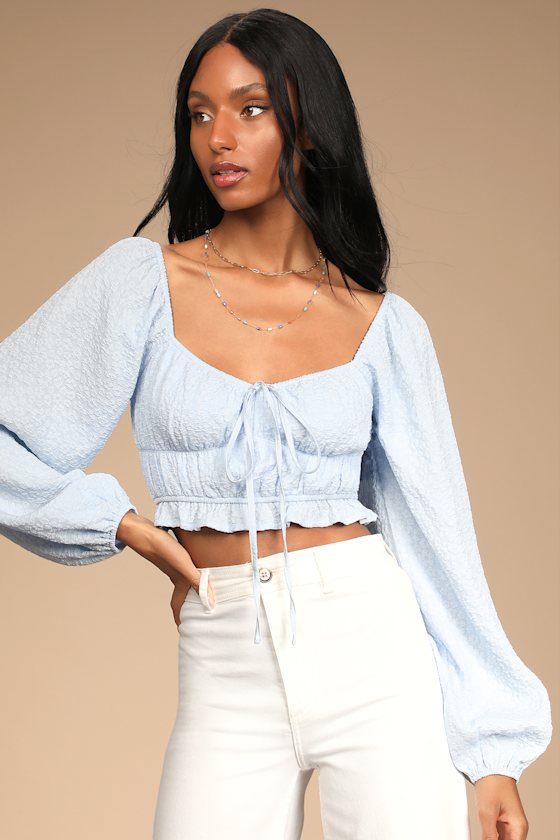 Feeling Forever Light Blue Floral Jacquard Long Sleeve Crop Top 3