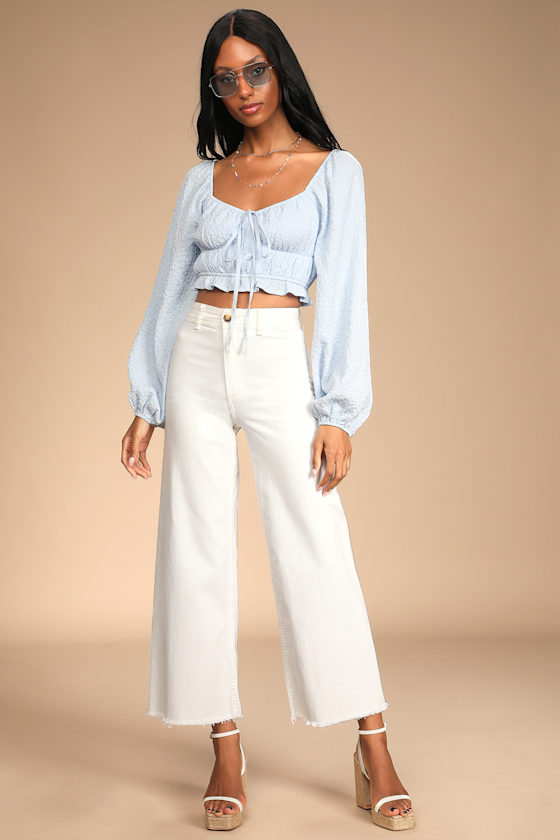Feeling Forever Light Blue Floral Jacquard Long Sleeve Crop Top 4