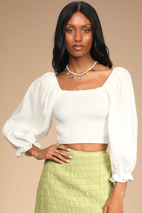 Breezing In White Smocked Balloon Sleeve Top 4