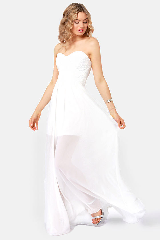 Evening Star Strapless White Maxi Dress