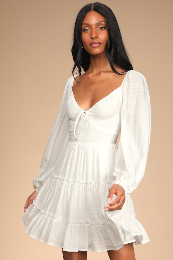 Tender Memories White Tiered Ruffled Balloon Sleeve Mini Dress 6