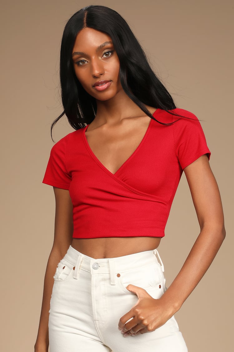 Casual Trends Red Ribbed Short Sleeve Surplice Crop Top
