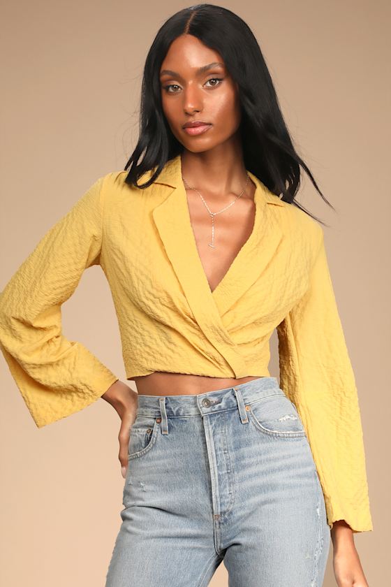 Yellow Long Sleeve Crop Top Collared Crop Top Blazer Crop Top Lulus