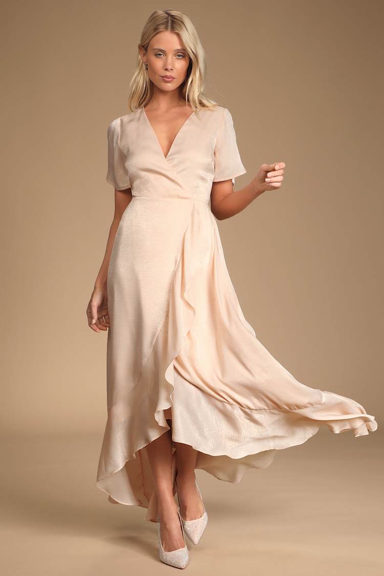 Forever Elegant Light Peach Satin Ruffled Maxi Dress