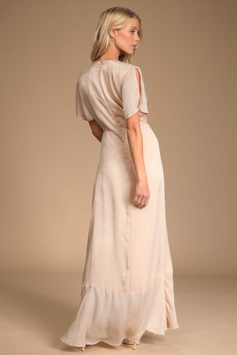 Forever Elegant Light Peach Satin Ruffled Maxi Dress
