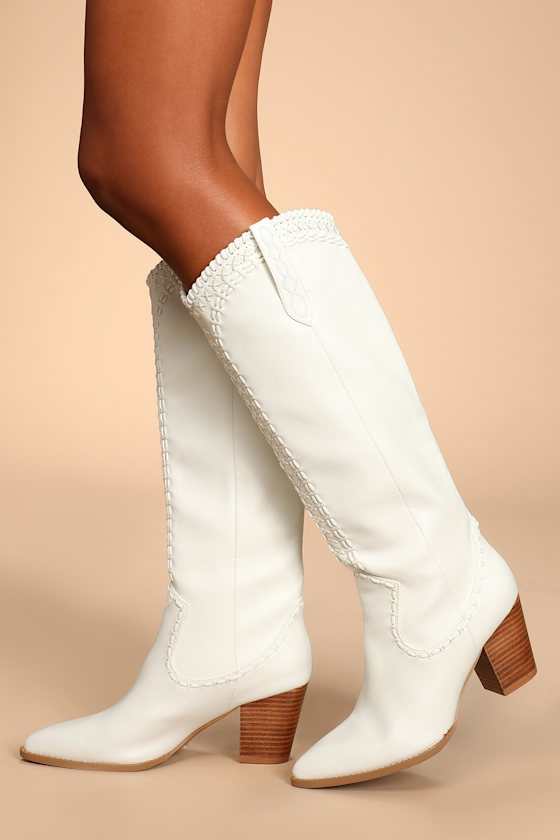 Finley White Pointed-Toe Knee-High Boots 1