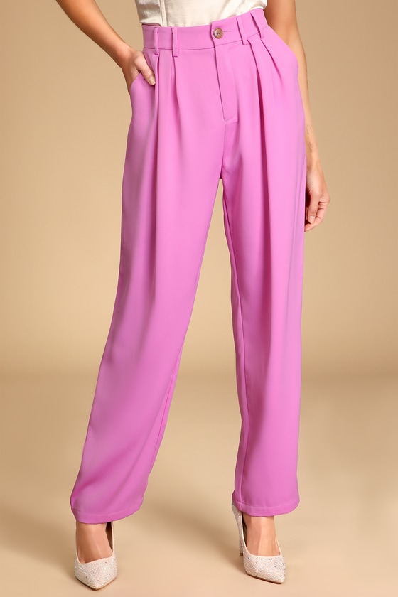 Purple Trouser Pants - High-Waisted Pants - Pleated Trouser