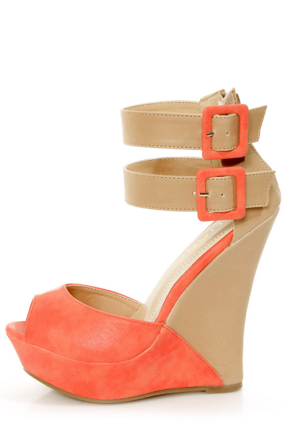 Monaco 3 Coral and Beige Belted Color Block Wedges - $39.00 - Lulus