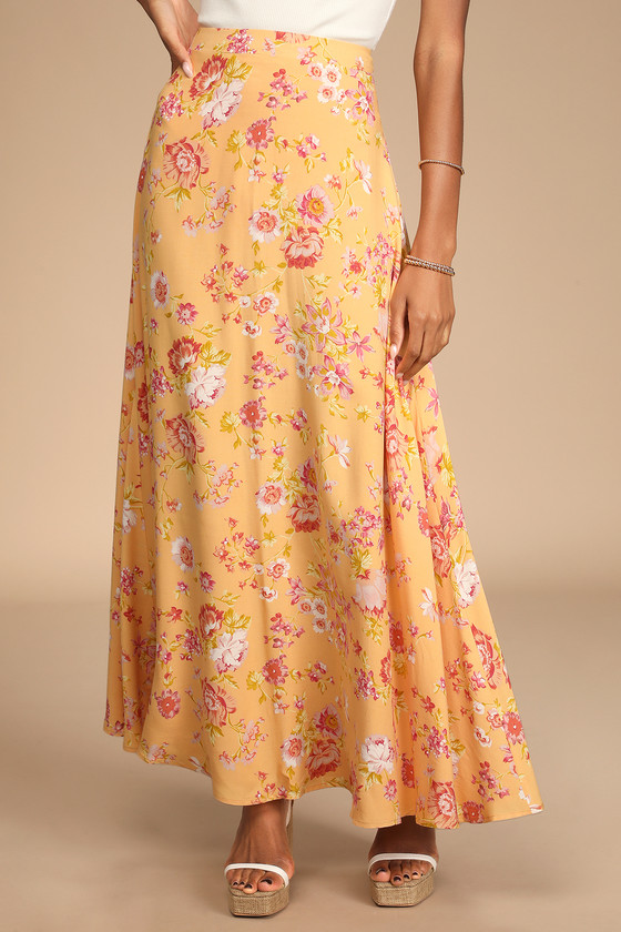 Orange Floral Maxi Skirt Asymmetric Tier Floral Print | Ally Fashion