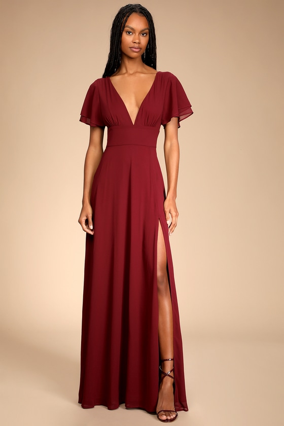 V neck spaghetti straps stretch satin maxi dress with slit $129| Purbelle AU