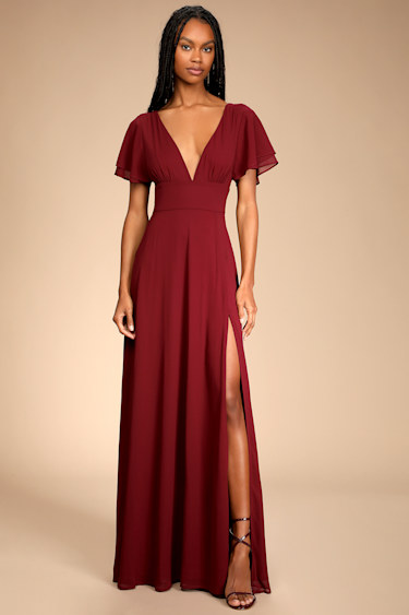 Flutter Sleeve Dress - Burgundy Bridesmaid Dress - V-Neck Maxi - Lulus Flutter Sleeve Dress - Burgundy Bridesmaid Dress - V-Neck Maxi - Lulus