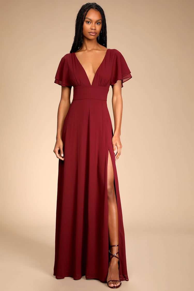 Flutter Sleeve Dress - Burgundy Bridesmaid Dress - V-Neck Maxi - Lulus