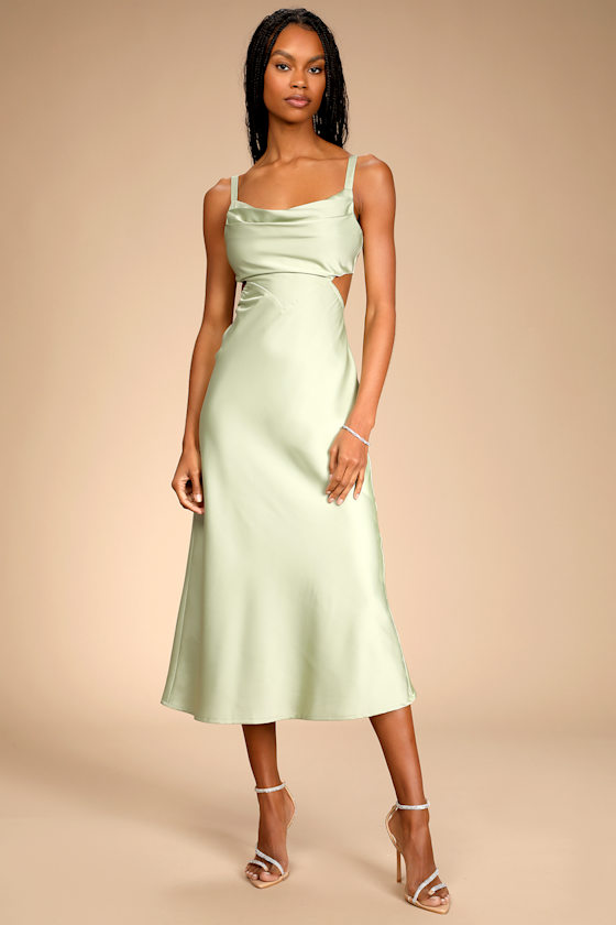 Sage Green Midi Dress - Satin Tie-Back Dress - Cowl Neck Dress - Lulus