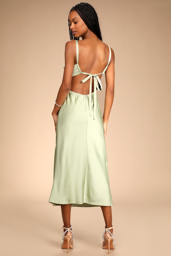 Stun to Remember Sage Green Satin Cowl Neck Cutout Midi Dress 2