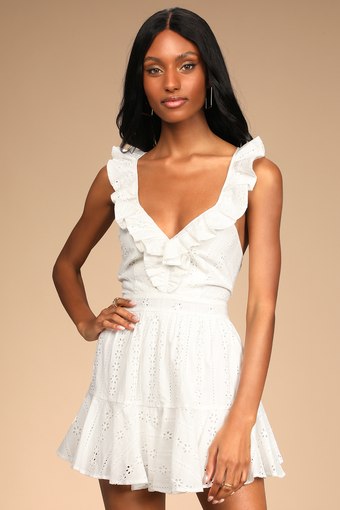 Lace Up My Heart White Eyelet Ruffled Tie-Back Romper