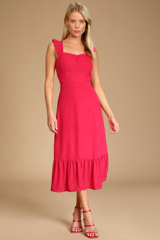 Magenta Midi Dress - Ruffled Strap Dress - Sweetheart Neck Dress - Lulus