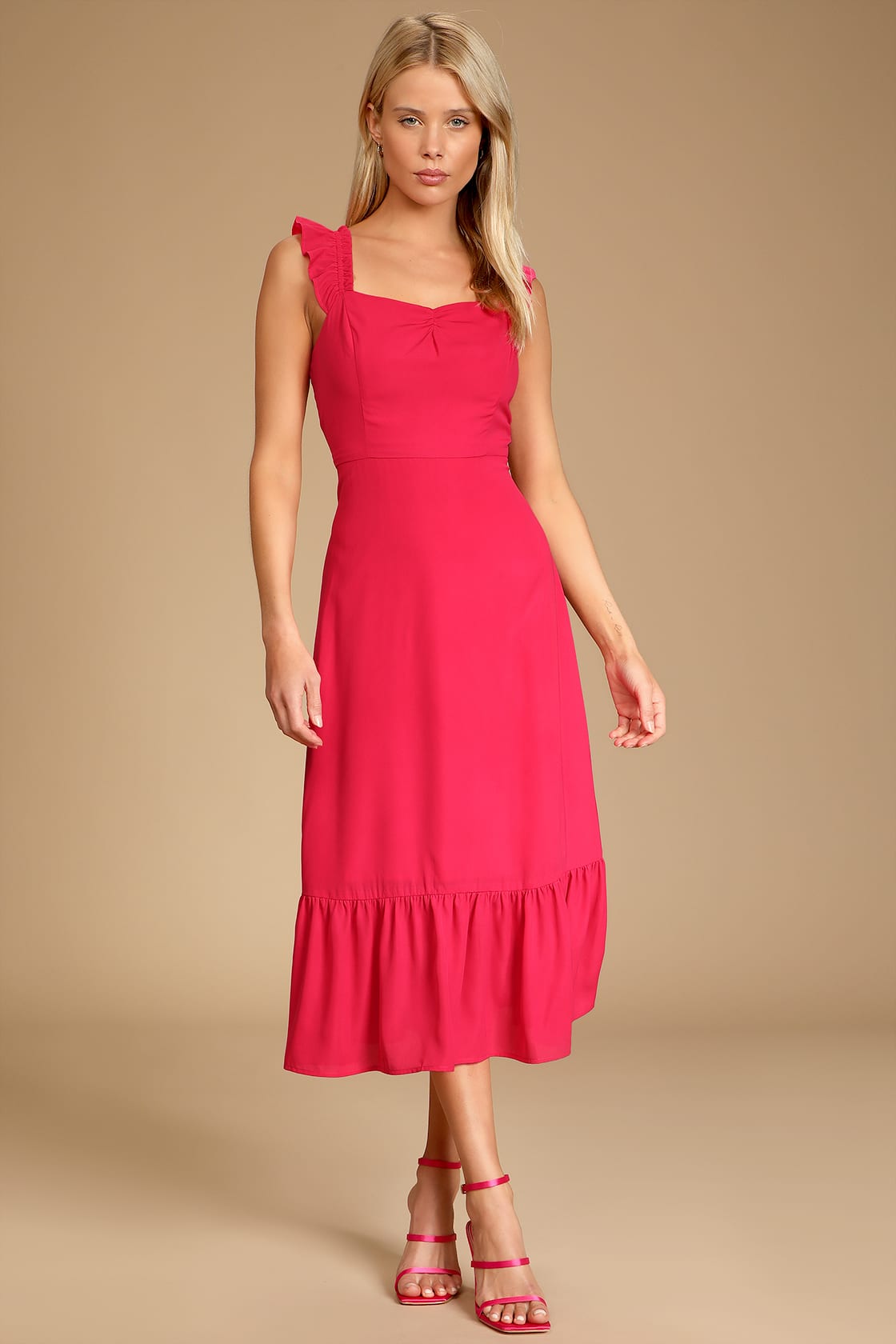 Magenta Midi Dress - Ruffled Strap Dress - Sweetheart Neck Dress - Lulus