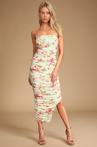 Stun and Only Sage Floral Print Ruched Mesh Bodycon Midi Dress