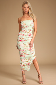 Stun and Only Sage Floral Print Ruched Mesh Bodycon Midi Dress 6