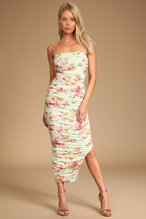Lilac Midi Dress - Floral Print Dress - Ruched Mesh Dress - Lulus