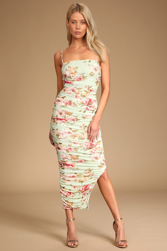 Stun and Only Sage Floral Print Ruched Mesh Bodycon Midi Dress 6