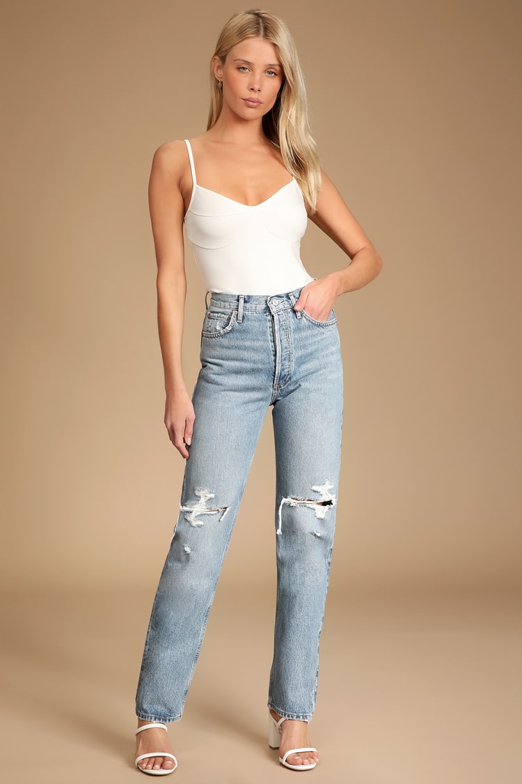 Pinch Waist Light Wash Jeans - Boyfriend Jeans - Lulus