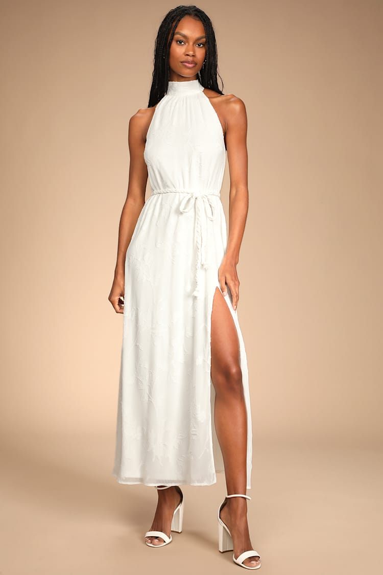 White Jacquard Dress - Halter Maxi Dress - Belted Dress - Lulus