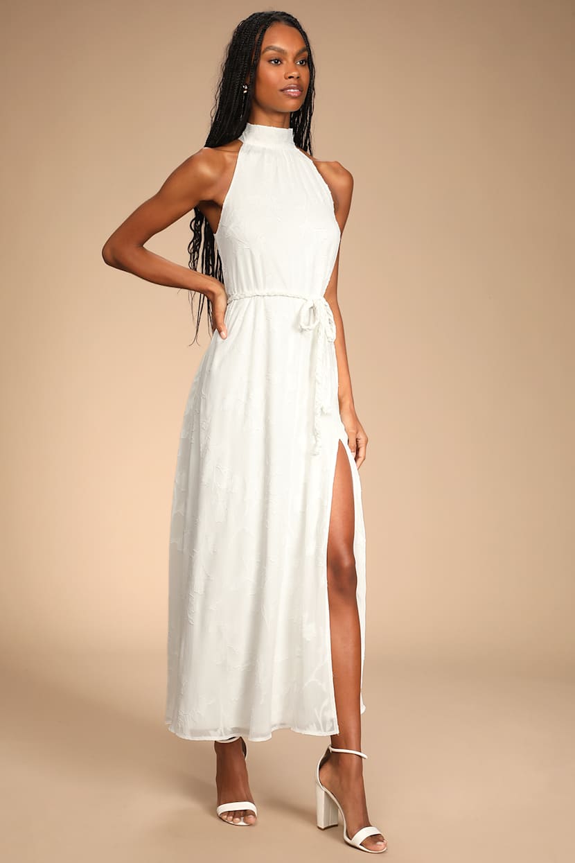 White Jacquard Dress - Halter Maxi Dress - Belted Dress - Lulus