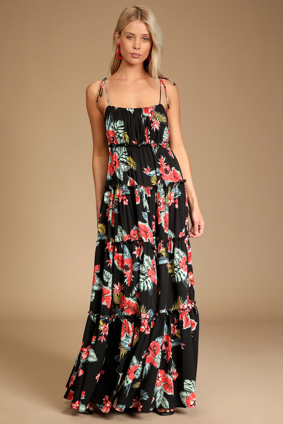 Lulus | Call of the Tropics Black Floral Tie-Strap Tiered Maxi Dress | Size X-Small | 100% Polyester