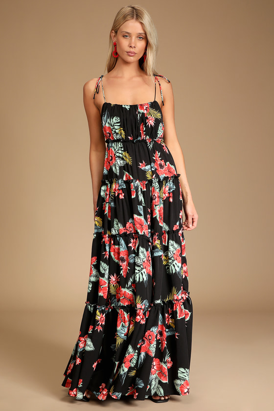 Black Floral Print Dress - Tie-Strap Maxi Dress - Tiered Dress - Lulus