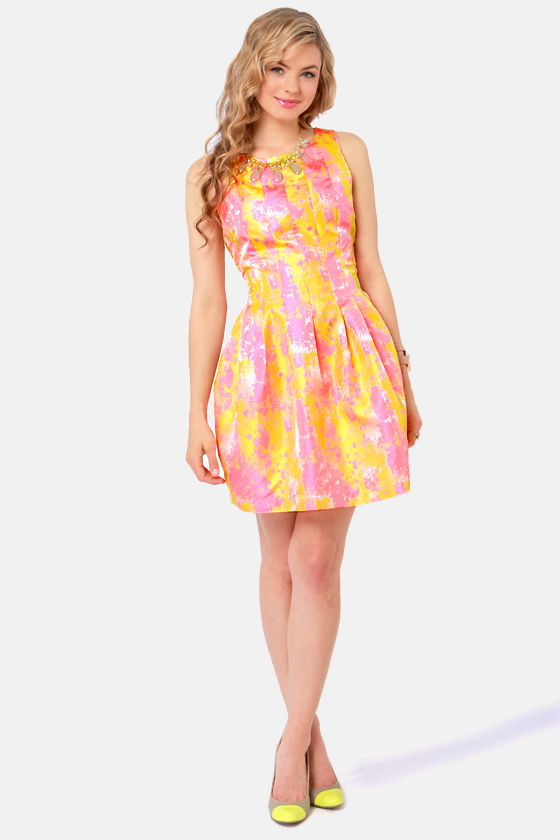 Pretty Brocade Dress Pink Dress Gold Dress 56.00 Lulus