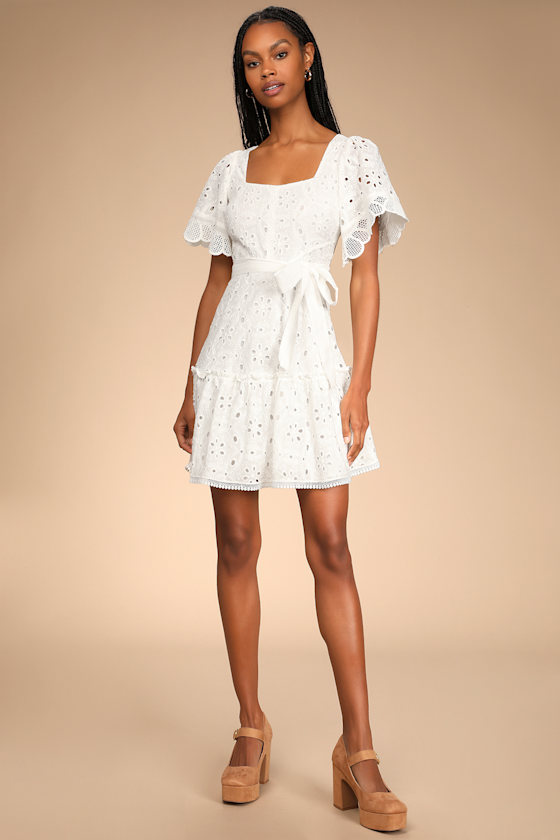 Ask You Out White Cotton Eyelet Lace Short Sleeve Mini Dress 5