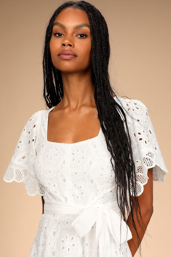 Ask You Out White Cotton Eyelet Lace Short Sleeve Mini Dress 6