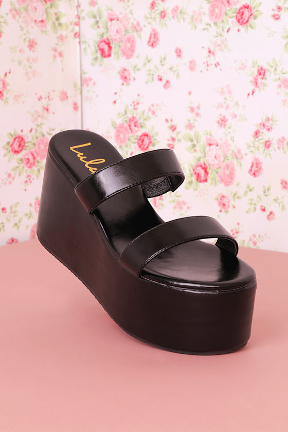 Reeyy Black Platform Wedge Sandals 6
