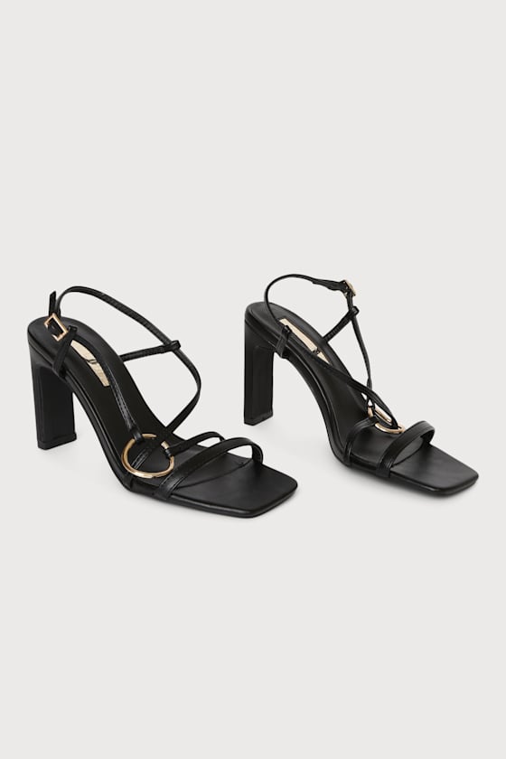 Raegan Black O-Ring Square-Toe Slingback Ankle Strap Heels 3