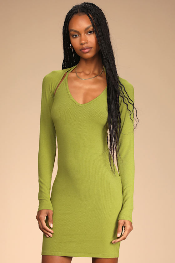 Double Vision Light Green Two-Piece Bodycon Dress & Cardi Set 4