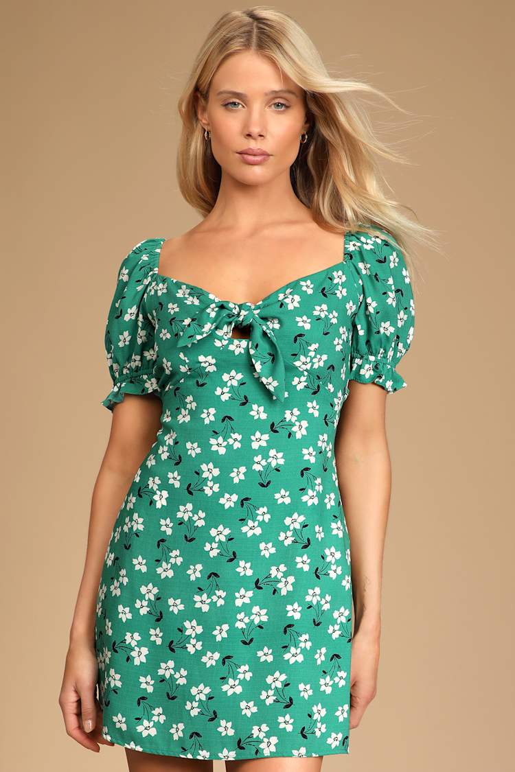 Green Floral Print Dress - Lace-Up Mini Dress - Puff Sleeve Dress - Lulus
