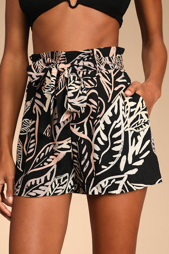 Breezy Vibes Black Tropical Print Belted Paperbag Waist Shorts 4