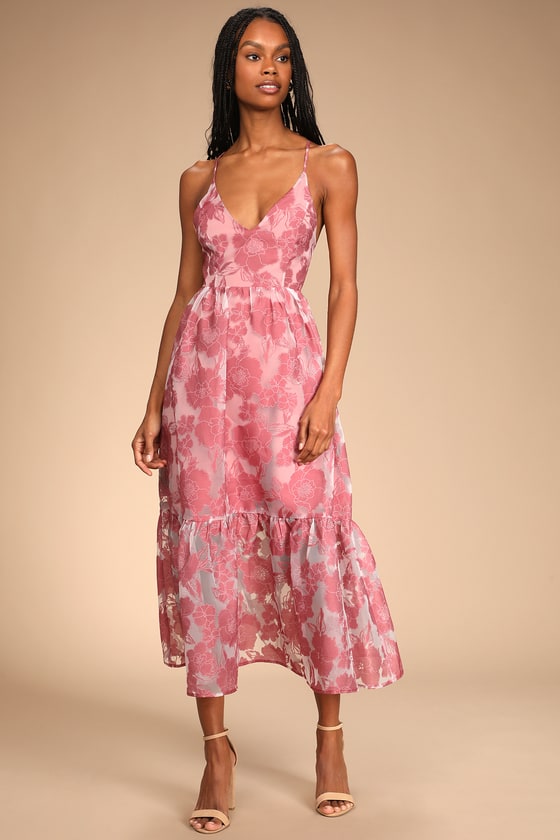 Rose Lace-Up Dress - Pink Floral Dress - Organza Midi Dress - Lulus