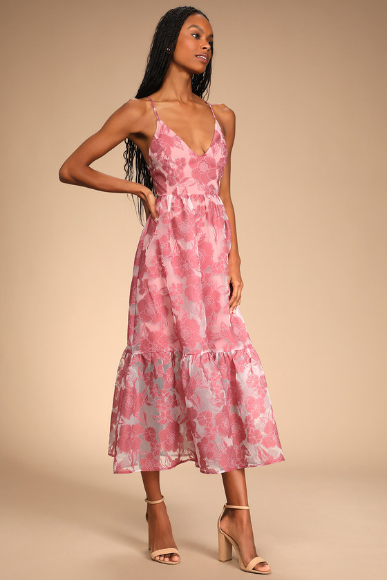 Rose Lace-Up Dress - Pink Floral Dress - Organza Midi Dress