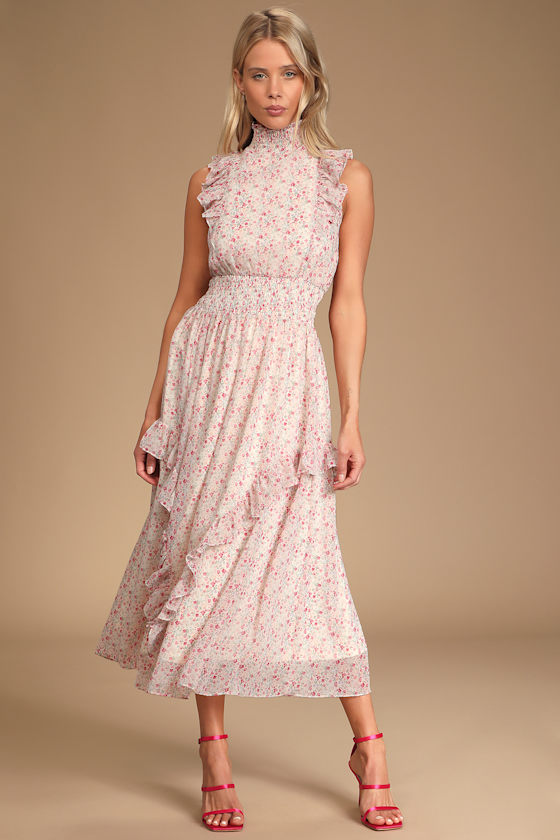 evalina navy blue floral print mock neck midi dress White - Dress - Ruffled Dress Black Mirrored Dressers &
