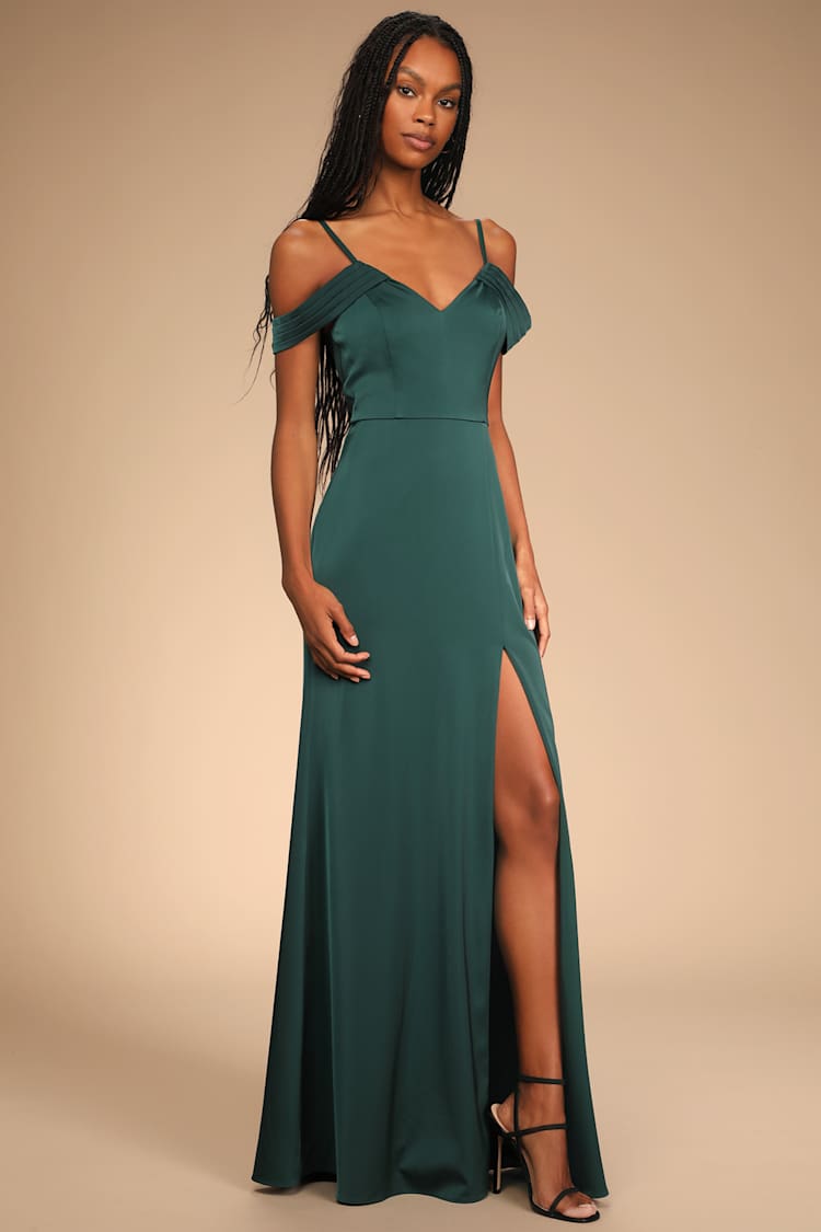 Emerald Green Maxi Dress - Satin Dress - Cold-Shoulder Dress - Lulus