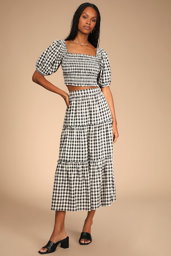 Sweet Together Black and Ivory Gingham Tiered Midi Skirt 5