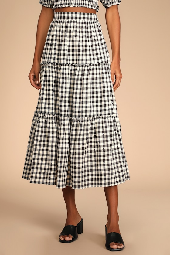 Sweet Together Black and Ivory Gingham Tiered Midi Skirt 4