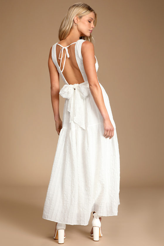 What a Trend White Tie-Back Tiered Midi Dress 2