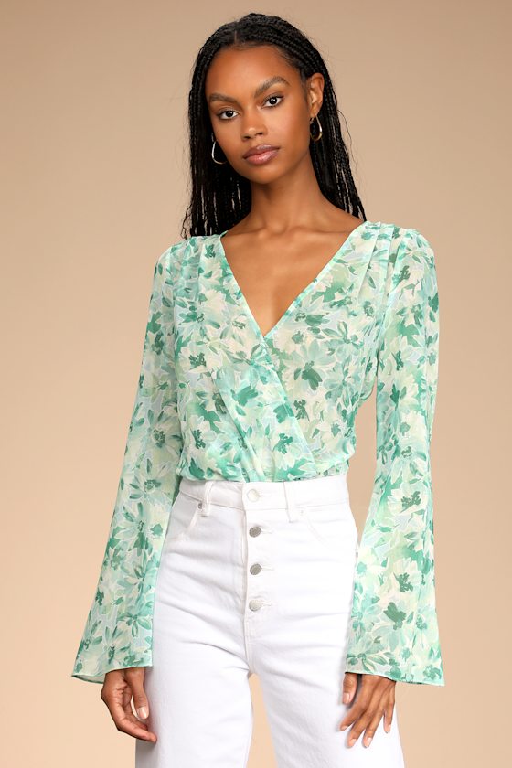 Green Floral Bodysuit Long Sleeve Bodysuit VNeck Bodysuit Lulus