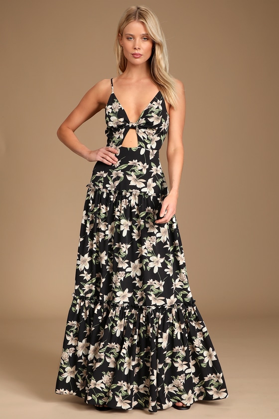 Black Floral Maxi Dress - Cutout Maxi Dress - Tiered Maxi Dress - Lulus