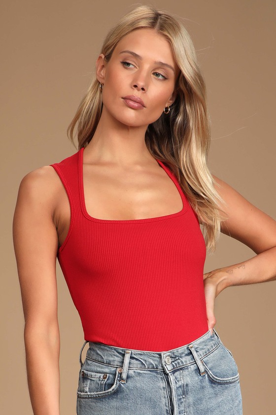 Red Ribbed Bodysuit - Square Neck Bodysuit - Sleeveless Bodysuit - Lulus