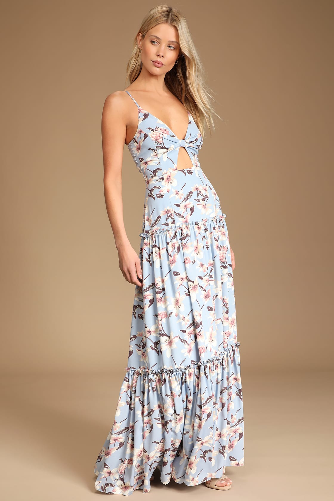 Blooms of Paradise Light Blue Floral Print Sleeveless Maxi Dress